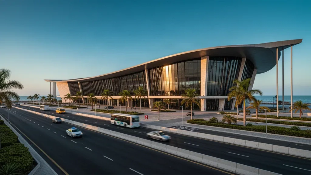 Extérieur moderne du terminal vitré de l'aéroport international Quatro de Fevereiro à Luanda, en Angola, à l'heure dorée, avec des palmiers et des voies d'accès