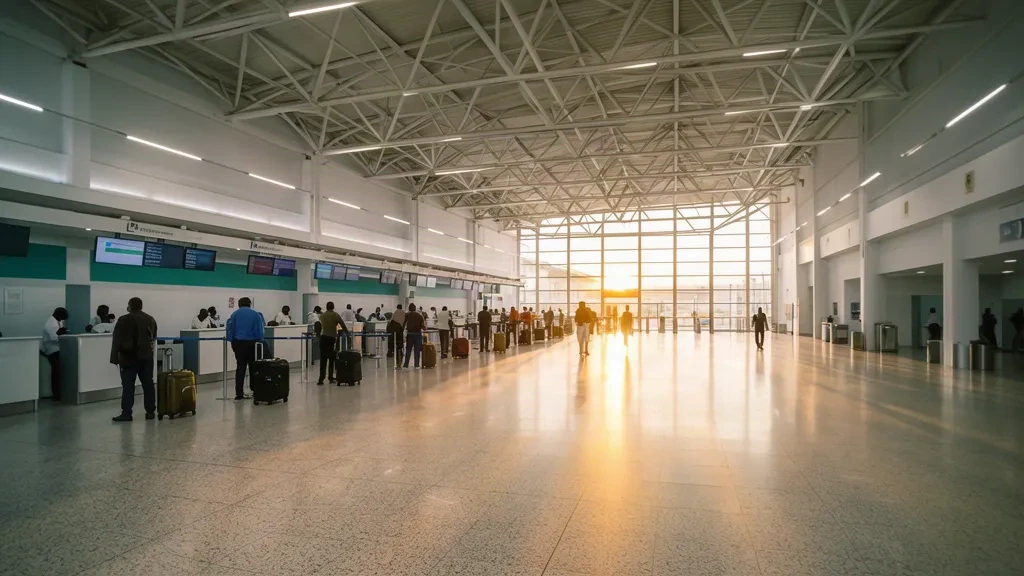 Interno della sala partenze dell'Aeroporto Internazionale Quatro de Fevereiro a Luanda, Angola, con banchi del check-in e luce solare attraverso alte finestre