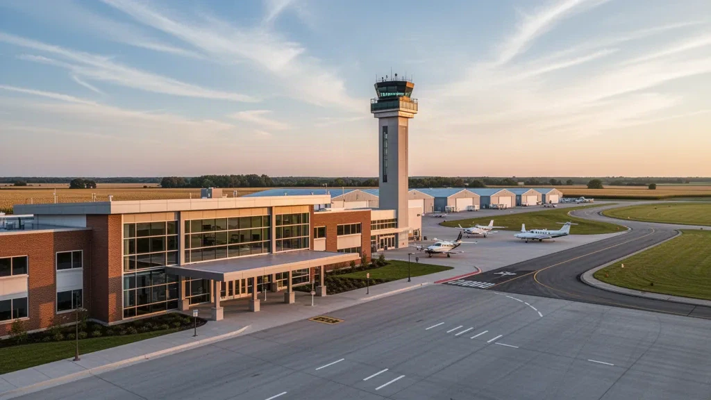 Modern glass terminal and control tower at Purdue University Airport in West Lafayette, Indiana, with light aircraft on the apron at golden hour