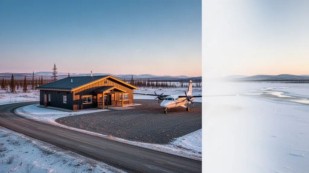 Small Arctic terminal building and gravel runway at Aklavik/Freddie Carmichael Airport, Northwest Territories, in golden light