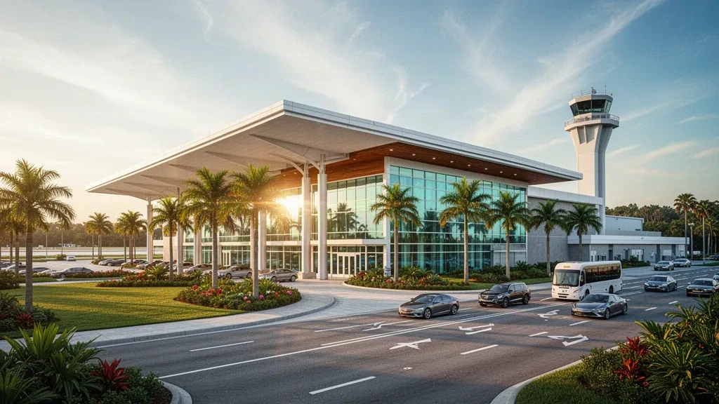 Terminal moderne en verre et voies de dépose bordées de palmiers à l'aéroport international de Lakeland Linder en Floride, éclairés par la lumière chaude de l'heure dorée