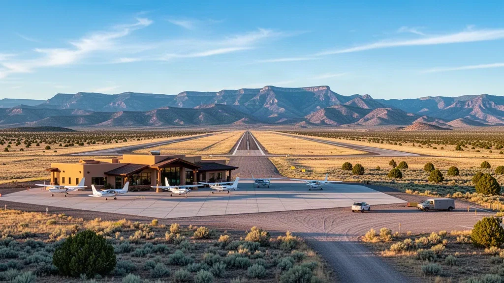 Small high-desert county airport terminal and runway on a New Mexico mesa near Los Alamos with mountain views at golden hour