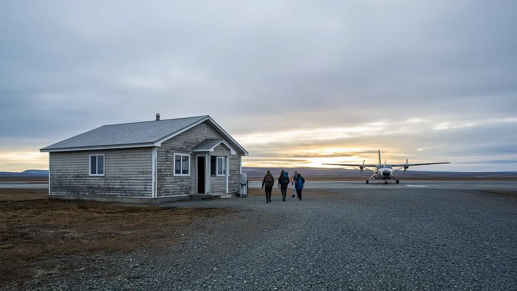 Exterior of the small Aklavik/Freddie Carmichael Airport terminal in Aklavik, Northwest Territories, Canada.