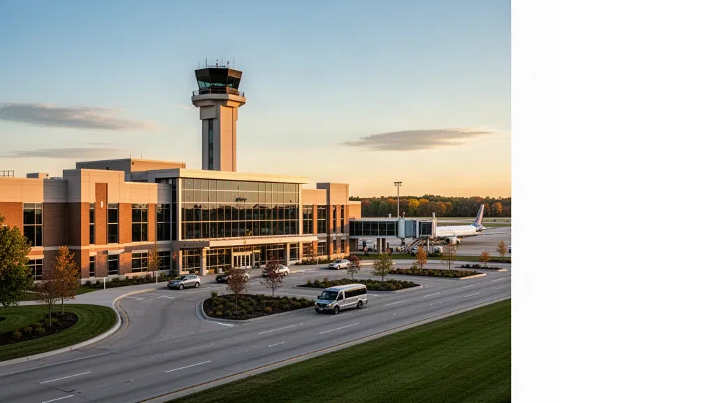 Modern glass and brick terminal exterior with drop-off lanes at Capital Region International Airport in Lansing, Michigan, at golden hour.