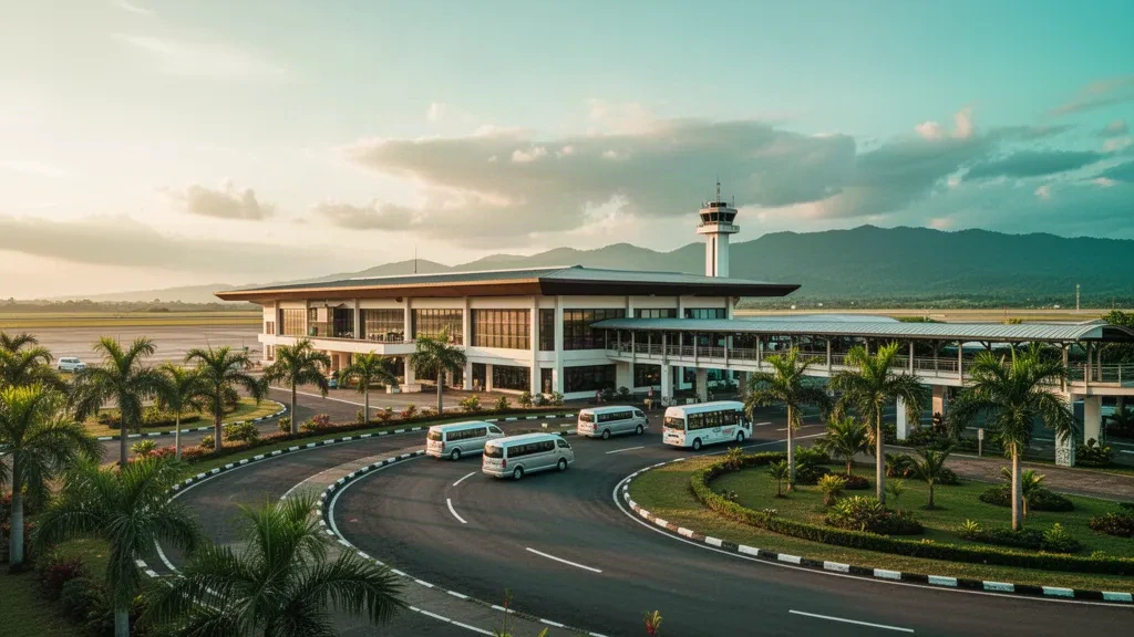 Vista durante la hora dorada de la terminal del Aeropuerto Internacional de Laoag, la entrada flanqueada por palmeras y el carril de descenso en Ilocos Norte, Filipinas.