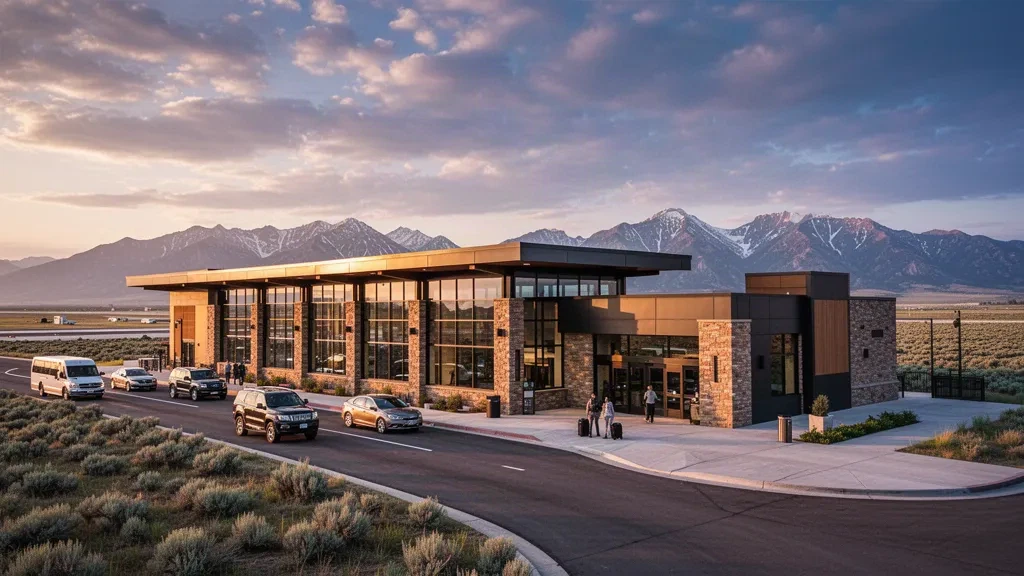 Modern glass terminal and drop-off lane at Laramie Regional Airport in Wyoming, with the Snowy Range mountains beyond at golden hour