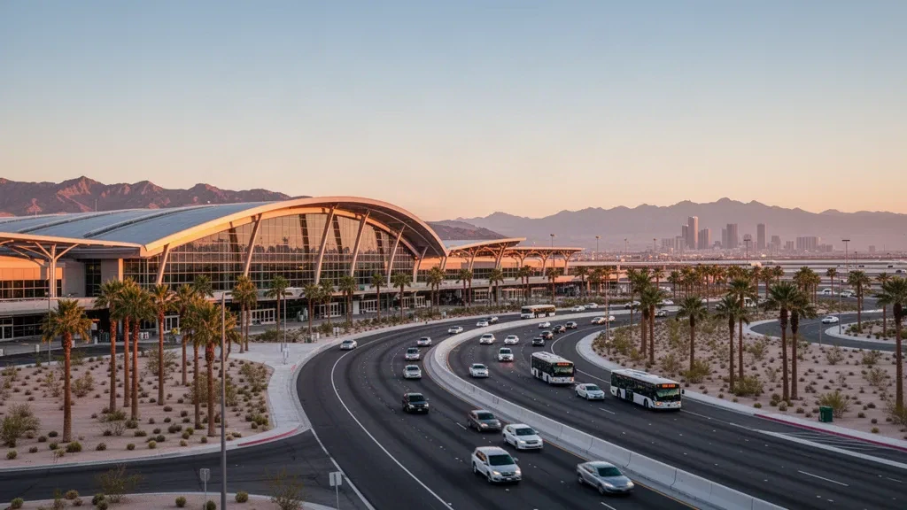 Golden hour view of the modern glass terminal exterior and curved drop-off lanes at Harry Reid International Airport in Las Vegas
