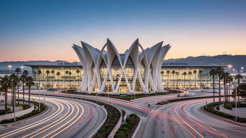 Los Angeles International Airport at dusk with its futuristic arched landmark, glass terminal and palm trees in a wide editorial view