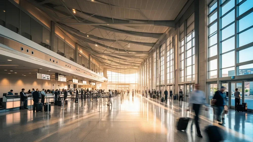 Las Vegas'taki Harry Reid Uluslararası Havalimanı'nda check-in bankolarında yolcular ve bagajlarla güneş alan kalkış salonu iç mekanı