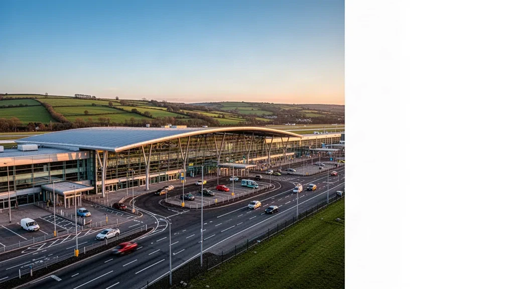 Modern glass terminal exterior at Leeds Bradford Airport with access roads and drop-off area under golden hour lighting.