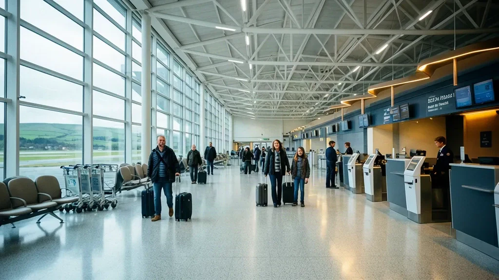 Bright departure hall interior at Leeds Bradford Airport in West Yorkshire with travellers checking in