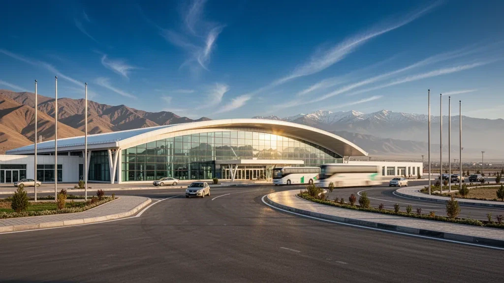 Extérieur moderne du terminal vitré de l'aéroport international de Khodjent au Tadjikistan, avec vue sur les montagnes, ciel dégagé et route de dépose en courbe