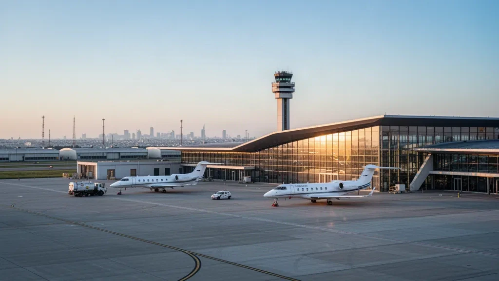 Terminal moderne en verre et tarmac pour jets d'affaires à l'aéroport Paris-Le Bourget dans une lumière dorée chaleureuse