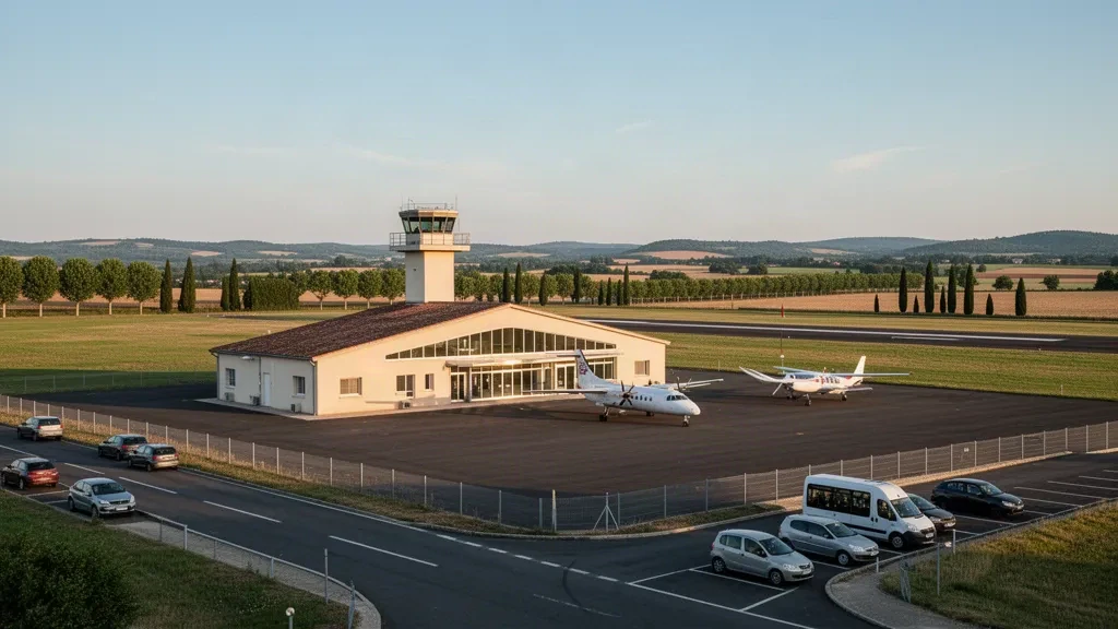 Albi-Le Sequestre Airport terminal, apron and light aircraft in the golden-hour light of southern France