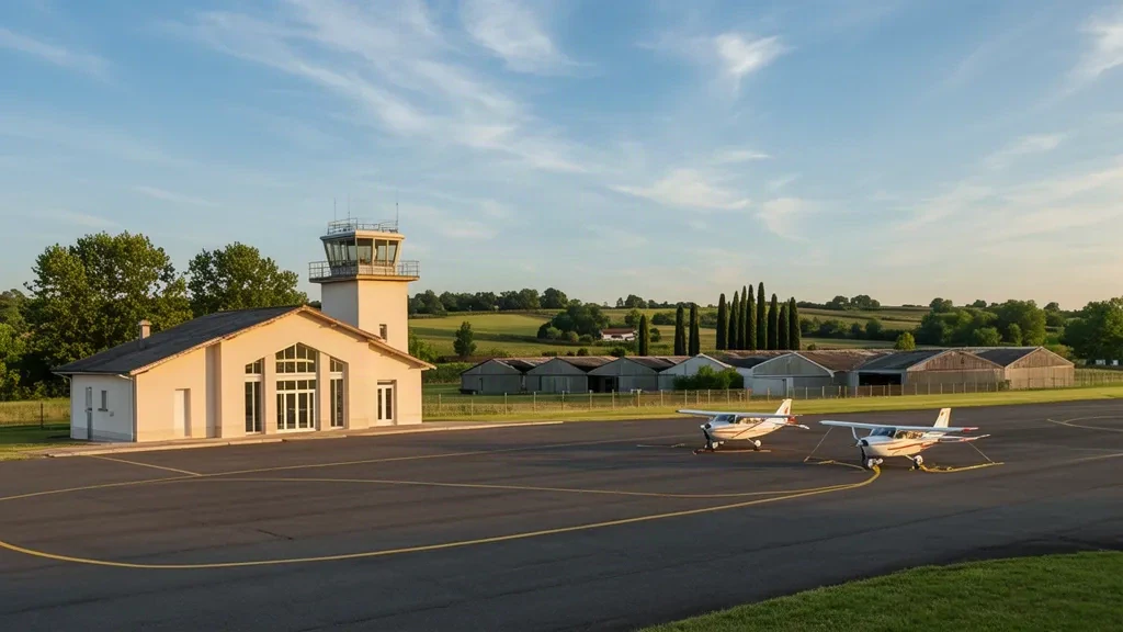 Small regional terminal, control tower and parked light aircraft on the apron at Albi-Le Sequestre Airport in southern France