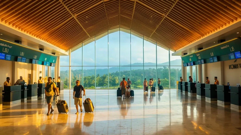 Modernes Innere der Abflughalle am Komodo Airport LBJ in Labuan Bajo mit Reisenden, Holzdecke und tropischen Hügeln hinter dem Glas