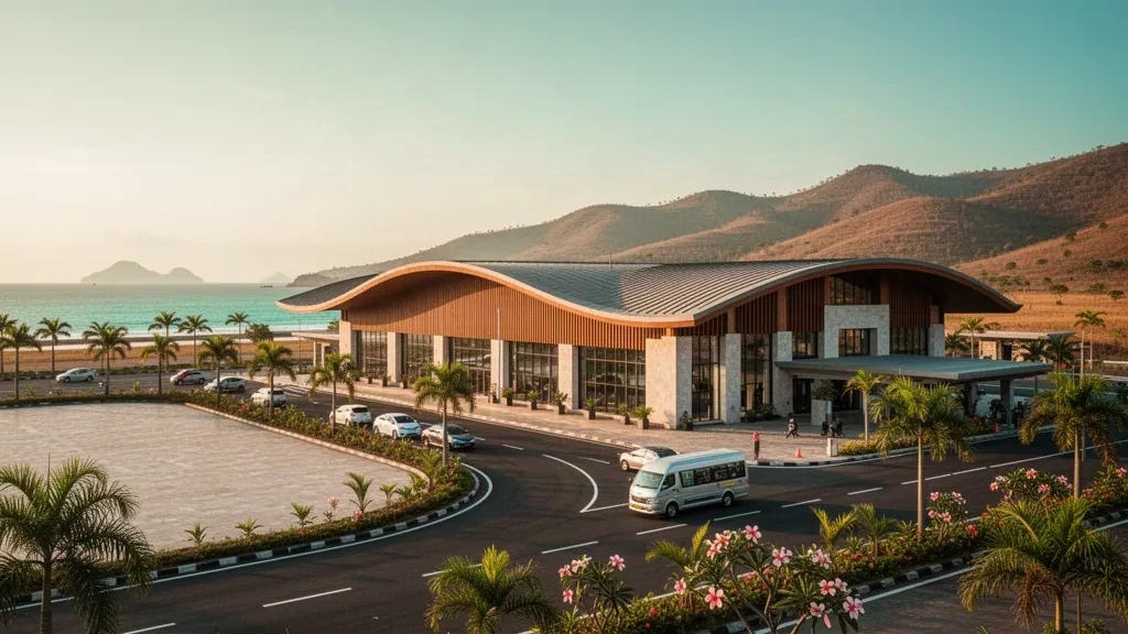 Edificio terminal moderno y curvo en el aeropuerto de Komodo, en Labuan Bajo, Flores, con colinas tropicales y luz de hora dorada