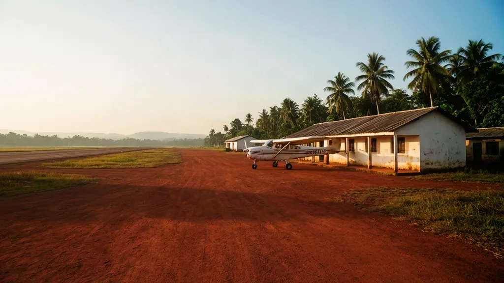 Kleines regionales Terminalgebäude und Laterit-Landebahn am Flughafen Lusambo in Sankuru, Demokratische Republik Kongo