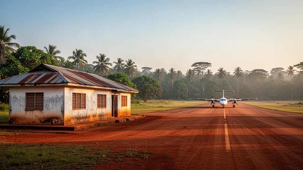 Piccola pista di atterraggio tropicale ed edificio terminal modesto all'aeroporto di Lusambo nella provincia di Sankuru, RD Congo, con calda luce dorata del tardo pomeriggio