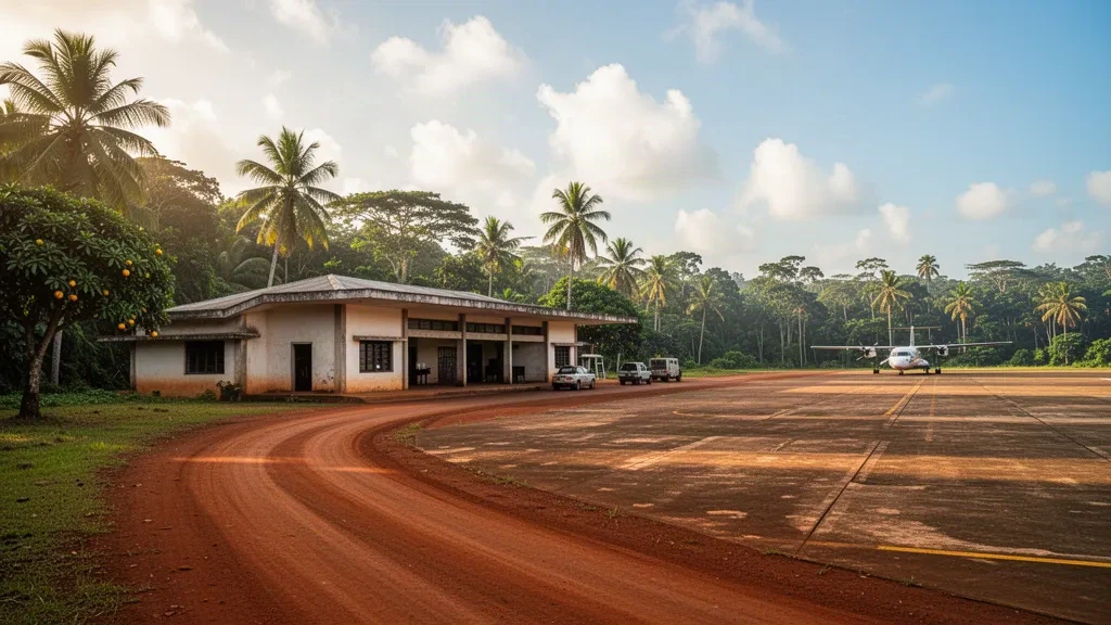 Low-rise tropical terminal and small apron at Lambaréné Airport in Gabon under warm late-afternoon light