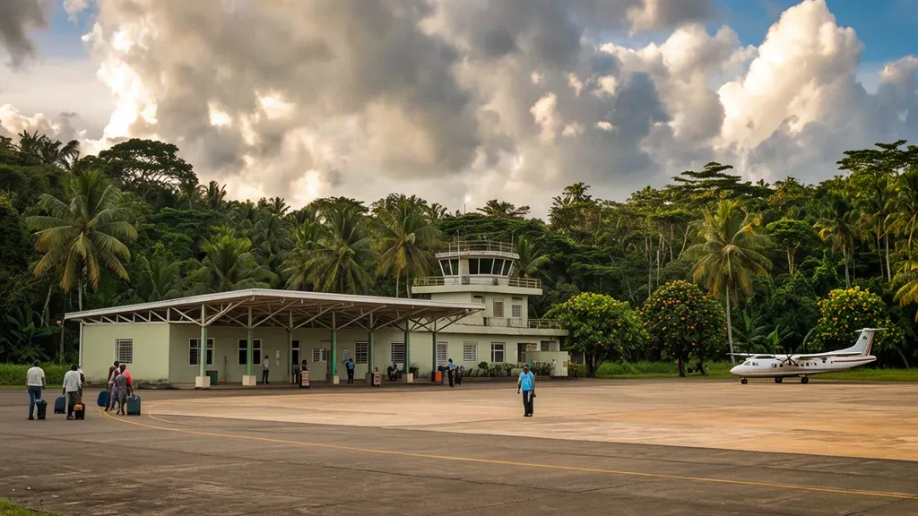 Small tropical terminal at Lambaréné Airport LBQ in Gabon with travelers on the apron under warm afternoon light.