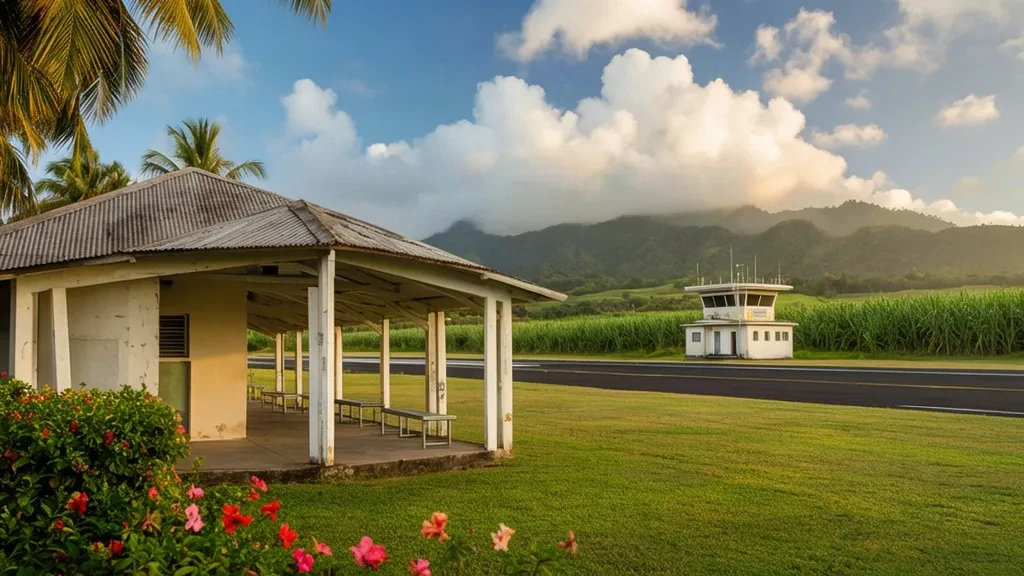 Pequeño edificio de terminal tropical en el Aeropuerto de Labasa en Vanua Levu, Fiyi, con palmeras, pista y montañas boscosas detrás