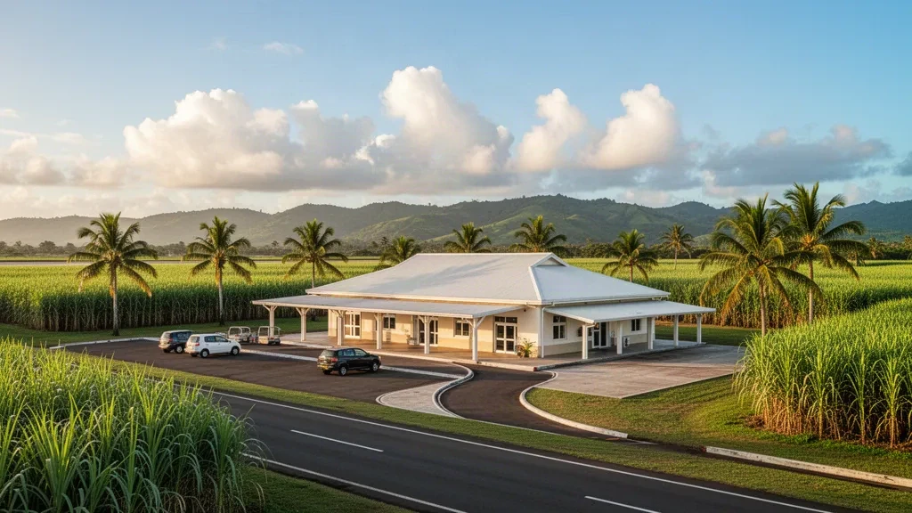 Fiji'deki Labasa Havalimanı'nda palmiye ağaçları, şeker kamışı tarlaları ve sıcak öğleden sonra ışığı altındaki yeşil tepelerle çevrili küçük tropikal terminal ve indirme şeridi
