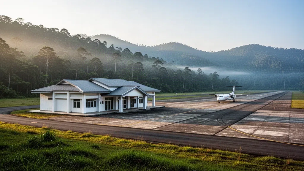 Aeroporto di Yuvai Semaring a Long Bawan, Kalimantan Settentrionale, con un piccolo edificio terminal e colline di foresta pluviale avvolte nella nebbia all'alba