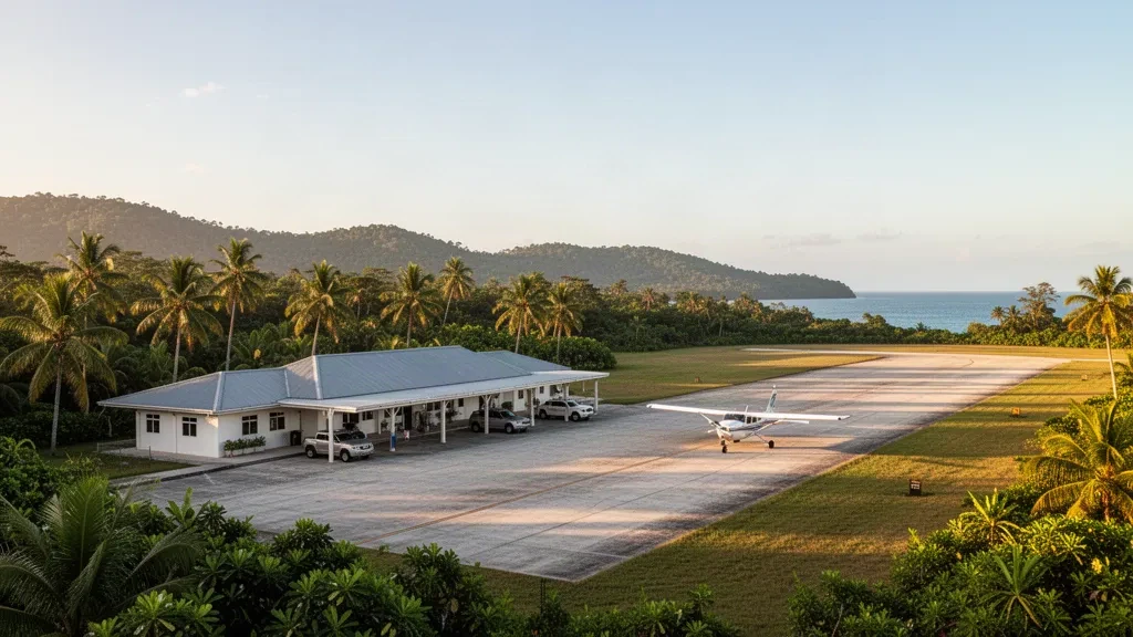 Kleine tropische Inselpiste auf Lubang Island mit einem Leichtflugzeug neben einem bescheidenen Terminal und palmengesäumter Start- und Landebahn