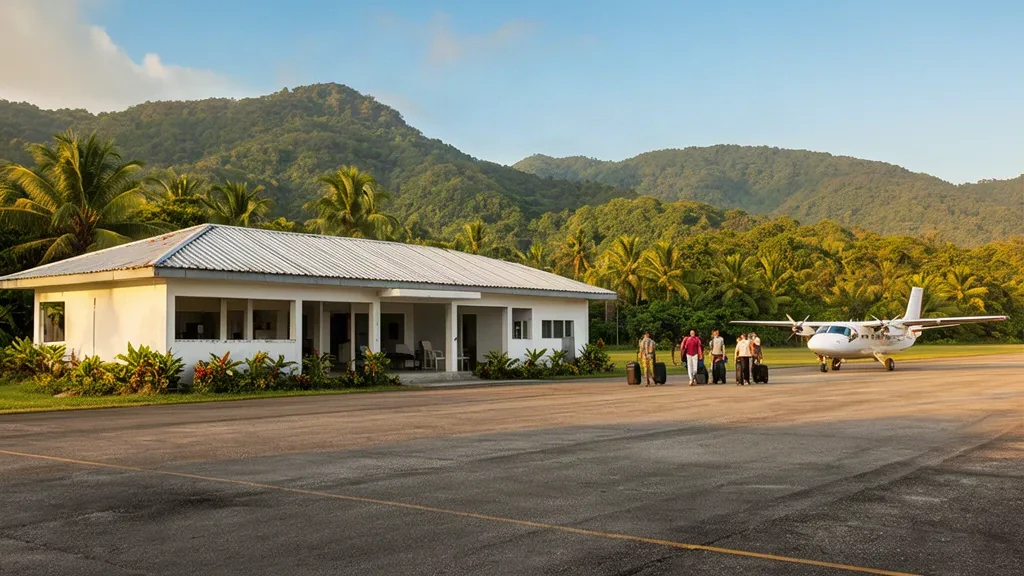 Terminal de l'aéroport de Lubang LBX dans le Mindoro occidental, aux Philippines, entouré de verdure tropicale et d'une petite piste.