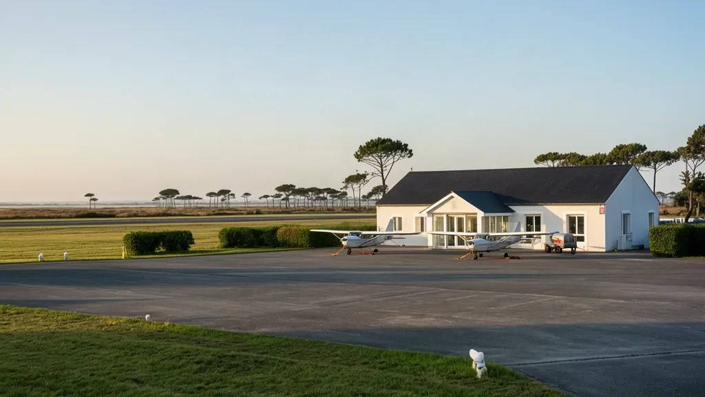 La Baule-Escoublac Airport LBY terminal building and apron with parked light aircraft on the French Atlantic coast