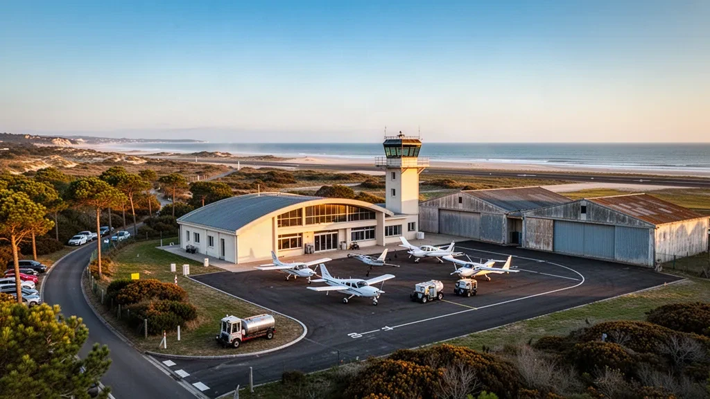Petit aérodrome côtier avec un terminal bas, des hangars, des avions légers stationnés et une piste unique près de La Baule-Escoublac à l'heure dorée.