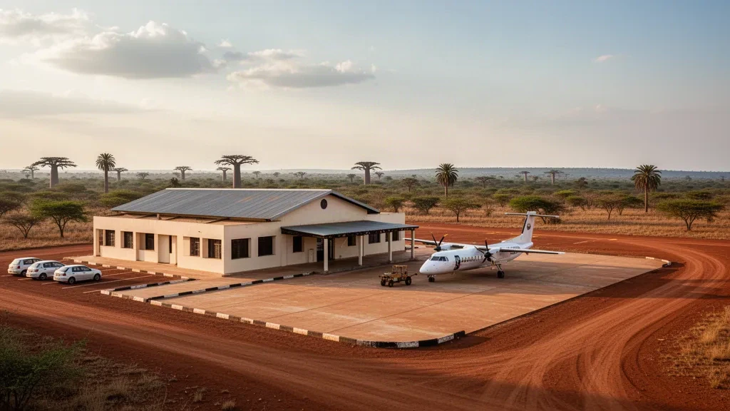 Kleines regionales Terminal und Vorfeld am Flughafen Lucapa in Lunda Norte, Angola, in warmem Licht des späten Nachmittags
