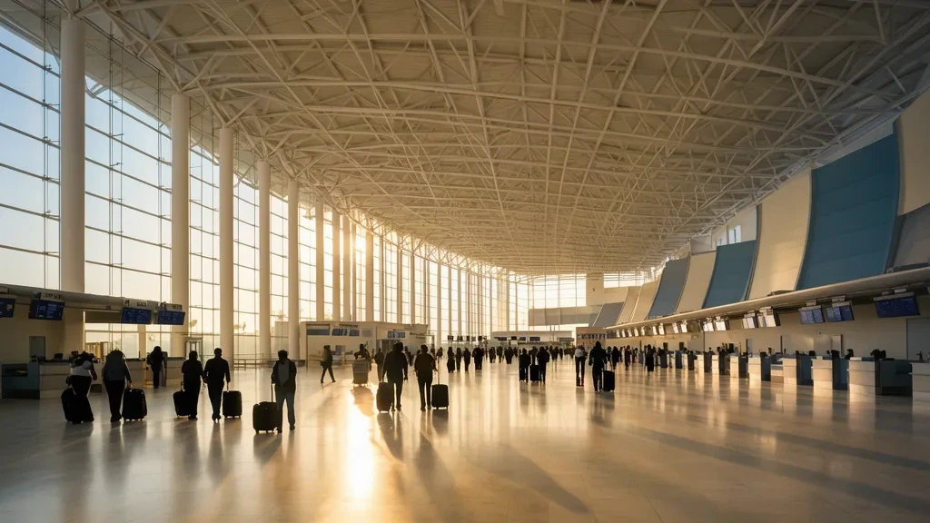 Sunlit departures hall inside Larnaca International Airport in Cyprus with glass walls, check-in counters and travellers