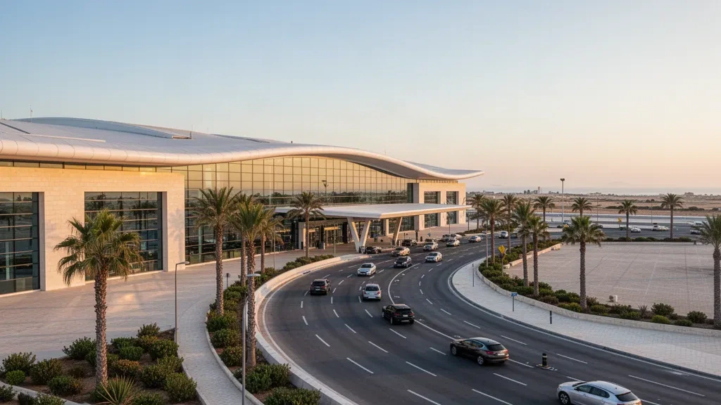 Moderner Glas- Terminal am Flughafen Larnaka International in Zypern mit palmengesäumten Zufahrtsstraßen und Bringspuren zur goldenen Stunde