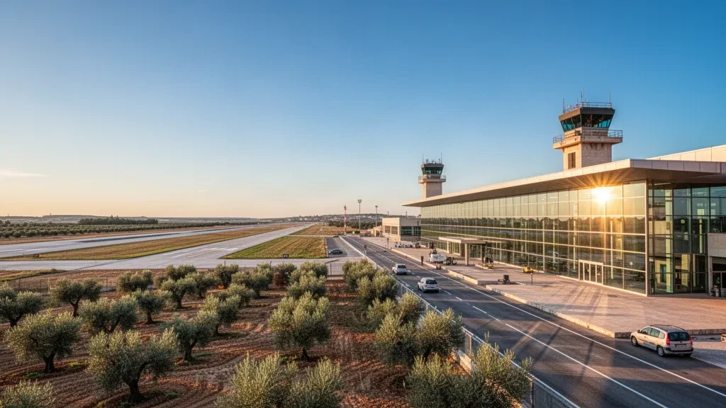 Modern glass terminal building at Lecce Galatina Air Base in Apulia, Italy, with a runway and clear blue sky.