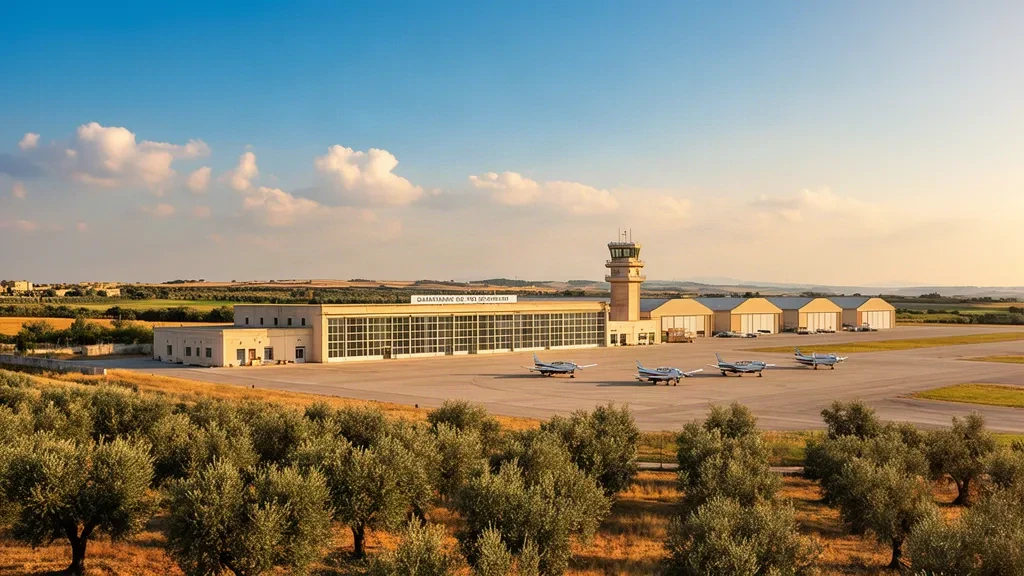 Güneşli bir gökyüzü altında kontrol kulesi, asfalt apron ve Akdeniz bitki örtüsüyle Lecce Galatina Havalimanı terminalinin dış görünümü.