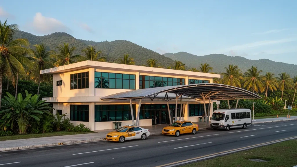 Honduras'ın La Ceiba kentindeki Golosón Uluslararası Havalimanı'nda sıcak Karayip öğleden sonrası ışığında tropikal terminal ve palmiye sıralı giriş alanı