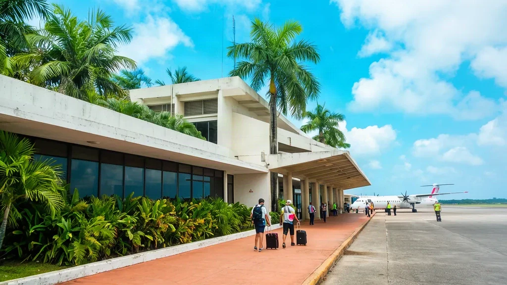 Honduras'ın La Ceiba kentindeki Golosón Uluslararası Havalimanı'nda parlak gün ışığında tropikal palmiyelerle çevrili terminal binası ve üstü kapalı yürüyüş yolu