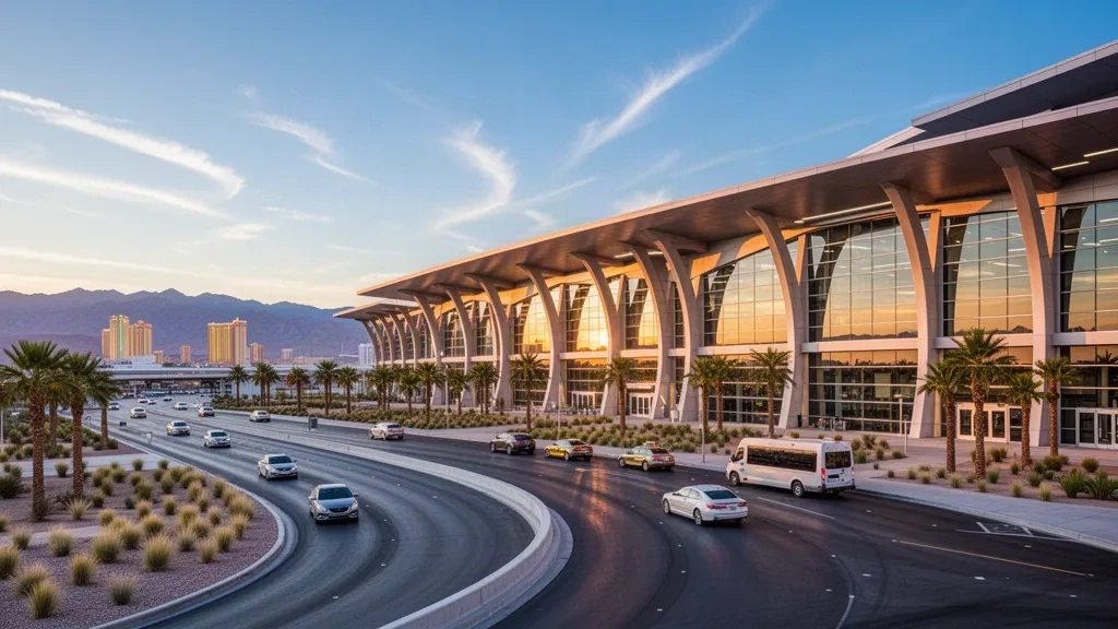 Terminal moderno con vetrate e corsie di sosta all'Aeroporto Internazionale Harry Reid di Las Vegas durante la calda luce dorata del deserto.