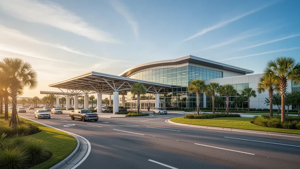 Außenansicht des modernen Terminals des Lake Charles Regional Airport mit Glasfassade und Zufahrtsstraße zur goldenen Stunde.