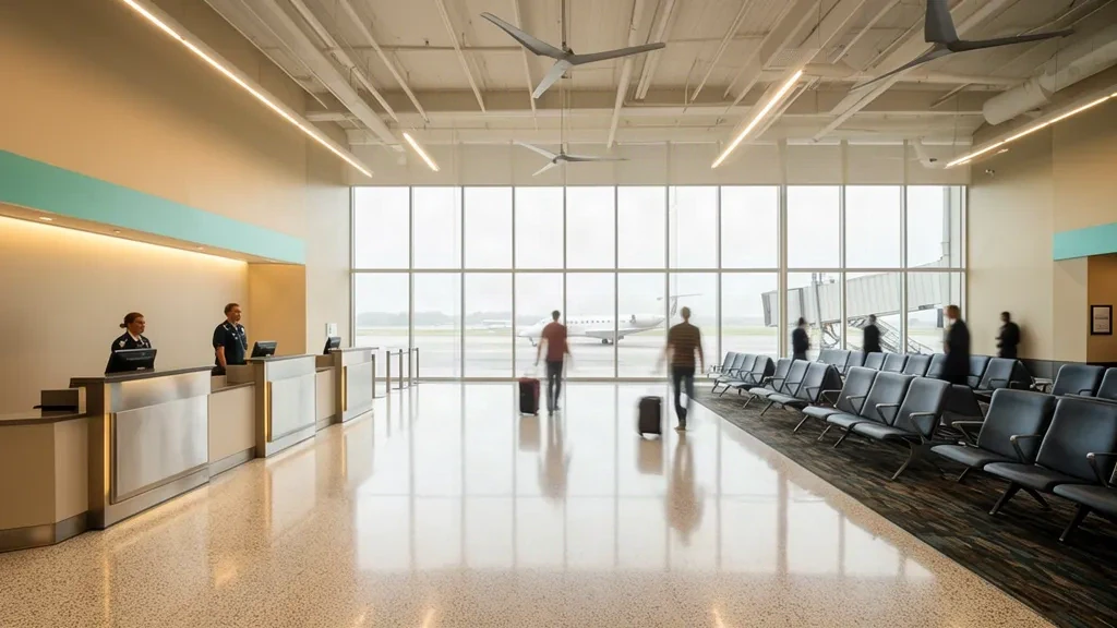 Sonnenbeschienenes Inneres des Terminals des Lake Charles Regional Airport LCH mit Check-in-Schaltern, Sitzgelegenheiten an den Gates und Blick auf das Vorfeld durch hohe Fenster