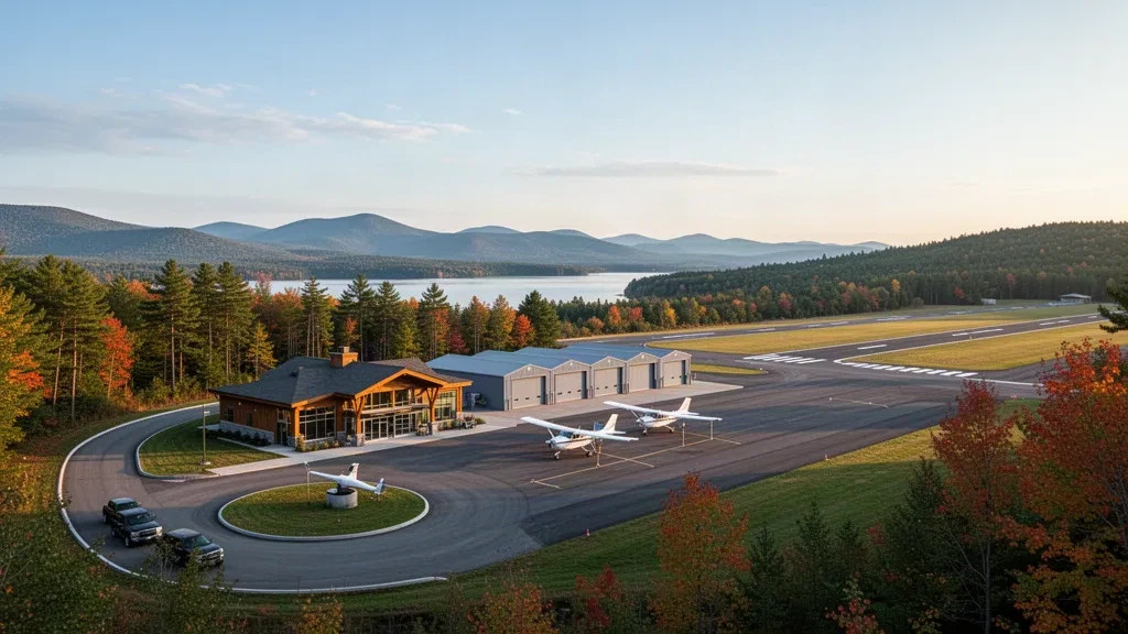 New Hampshire'ın Lakes Region bölgesindeki Laconia Municipal Havalimanı'nda ormanlık tepeler ve altın saatlerde bir gölle çevrili küçük genel havacılık terminali, apron ve pist