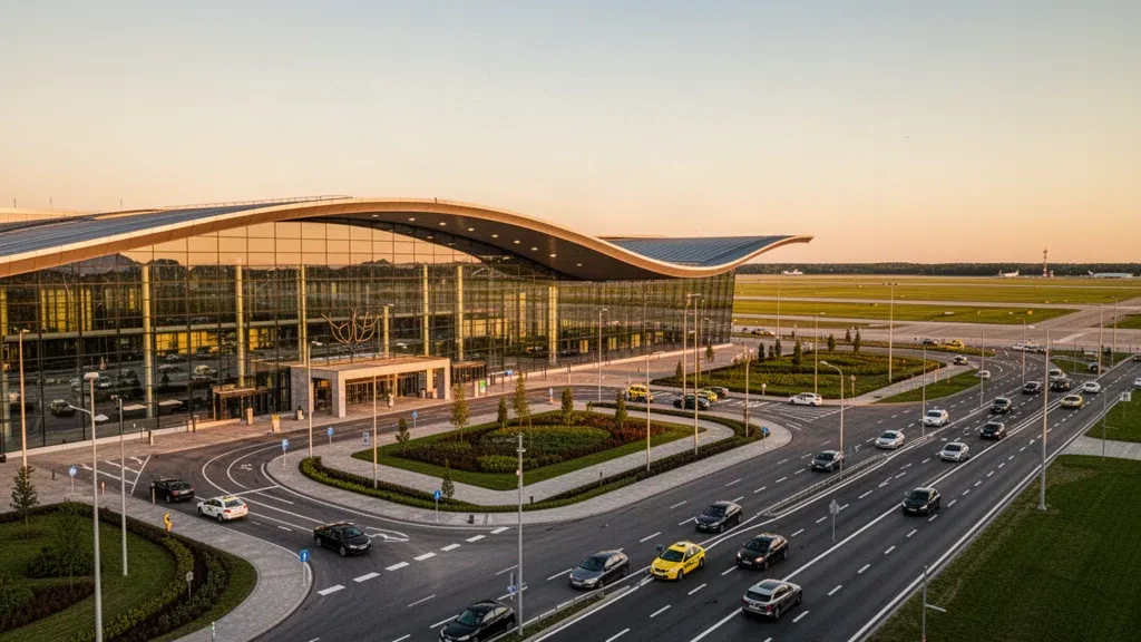 Modern glass terminal of Łódź Władysław Reymont Airport at golden hour, with curved roof and reflective facade.