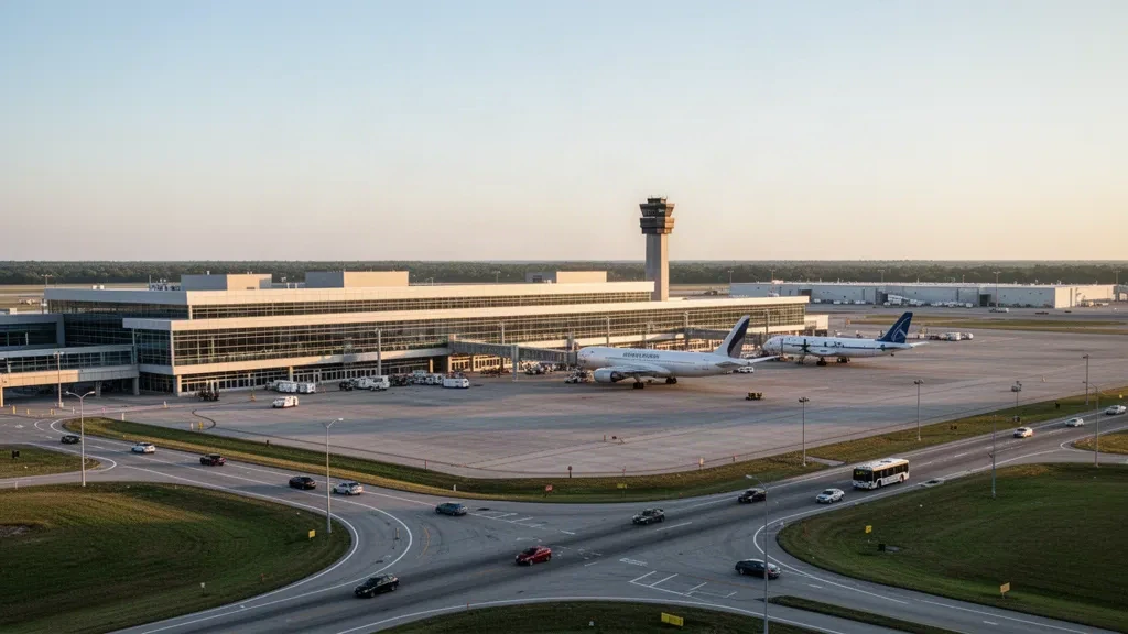 Modern terminal and cargo apron at Rickenbacker International Airport near Columbus, Ohio, in warm golden-hour light