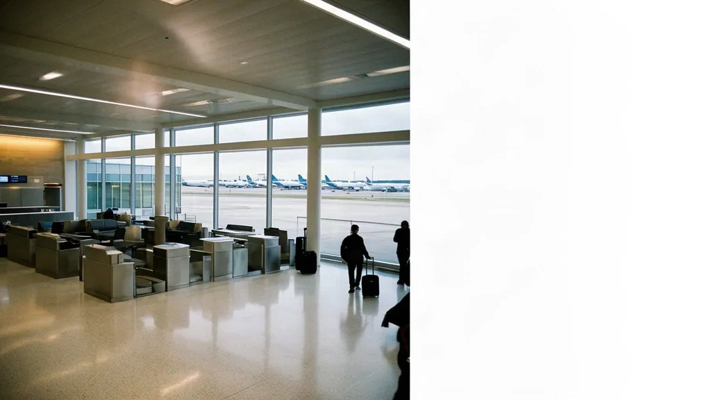 Helles Inneres des Terminals des Rickenbacker International Airport in Columbus, Ohio, mit Check-in-Schaltern und Fenstern mit Blick auf das Vorfeld.