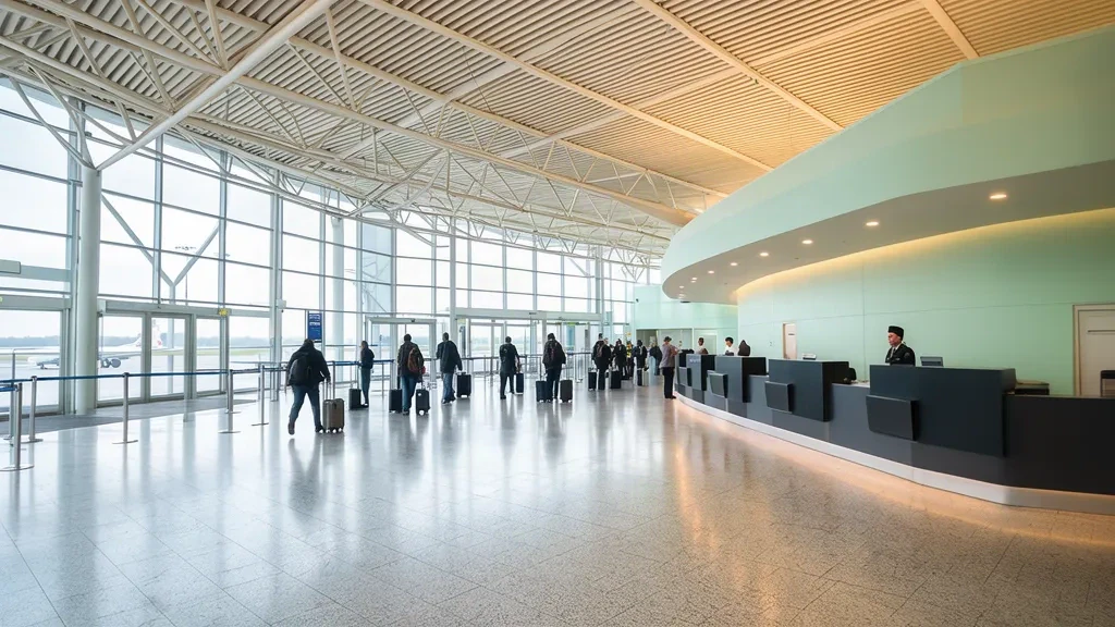 Interno moderno del terminal dell'aeroporto Łódź Władysław Reymont (LCJ) con luminosa sala partenze, banchi del check-in e viaggiatori