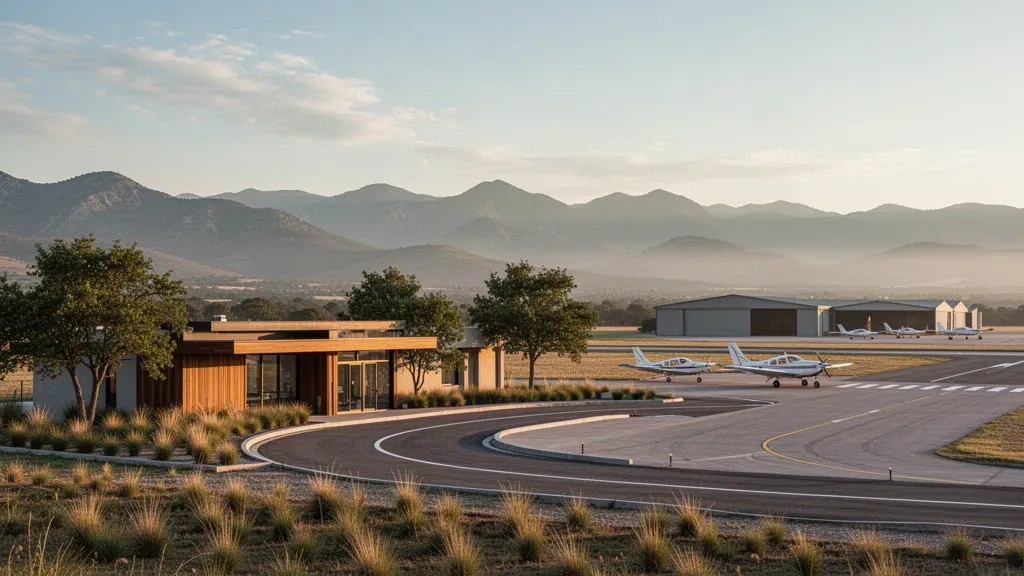 Piccolo terminal aeroportuale regionale e pista a La Cumbre, Córdoba, Argentina, incorniciati dalle creste montuose nell'ora dorata.