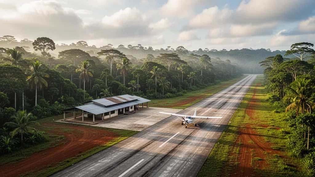 Remote Amazon airstrip serving La Chorrera, Colombia, with a narrow runway, small terminal building and dense jungle under humid tropical light.