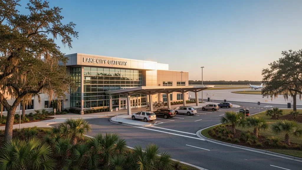 Terminal moderne en verre et voie de dépose à l'aéroport Lake City Gateway en Floride, sous une lumière chaude de fin de journée.